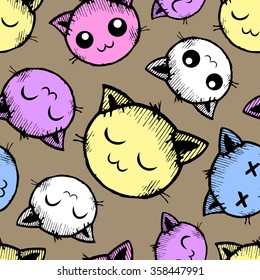 Vector pattern with colorful smiling cats on brown background. Seamless pattern can be used for wallpaper, pattern fills, web page background, surface textures.