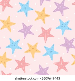 Vector pattern with colorful starfish on a pink background