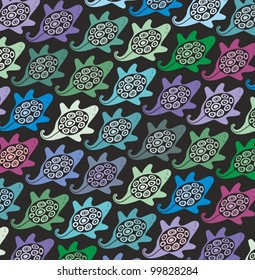 Vector pattern with colorful turtles on dark background