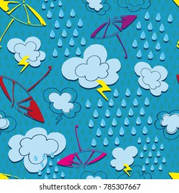 Vector pattern with colorful umbrellas on blue cloudy and rainy background. Seamless pattern can be used for wallpaper, pattern fills, web page background,surface textures.