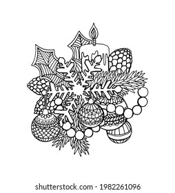 Patrón vectorial para colorear antiestrés para adultos. Composición de Año Nuevo de ramas de árboles de Navidad, juguetes, copos de nieve y velas. ilustración de Navidad