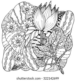Vector pattern for coloring book. Ethnic retro design in zentangle style with floral elements,Black line art on white background