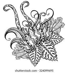 Vector pattern for coloring book. Ethnic retro design in zentangle style with floral elements,Black line art on white background.