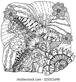 Vector pattern for coloring book. Ethnic retro design in zentangle style with floral elements,Black line art on white background.