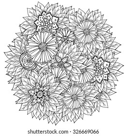 Vector pattern for coloring book. Ethnic retro design in zentangle style with floral elements,Black line art on white background.