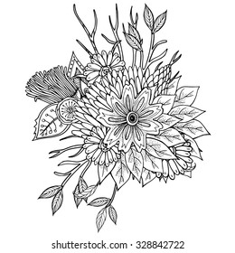 Vector pattern for coloring book. Ethnic retro design in zentangle style with floral elements, Black line art on white background.