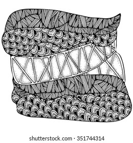 Vector pattern for coloring book. Ethnic retro design in zentangle style with abstract elements,Black line art on white background.