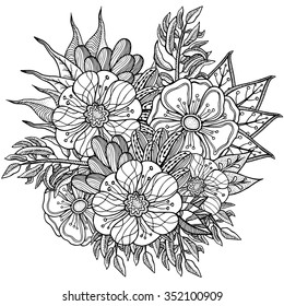 Vector pattern for coloring book. Ethnic retro design in zentangle style with abstract flowers, Black line art on white background.