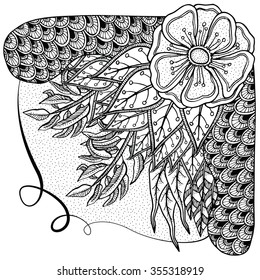 Vector pattern for coloring book. Ethnic retro design in zentangle style with abstract flowers, Black line art on white background.