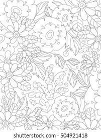 Vector pattern for coloring book. Ethnic retro design in zentangle style with floral elements,Black line art on white background.