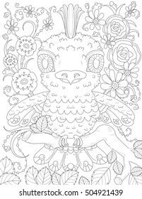 Vector pattern for coloring book. Ethnic retro design in zentangle style with cute owl and flowers, Black line art on white background.