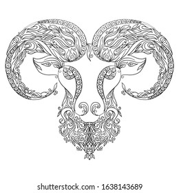 Vector - Pattern for coloring book. Hand drawn line flowers art of zodiac Aries. Horoscope symbol for your use. For tattoo art, coloring books set.