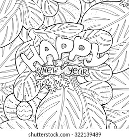 Vector pattern for coloring book with New Year's greeting. retro design in doodle style with hand drawn inscription and Christmas decoration. Black line art on white background
