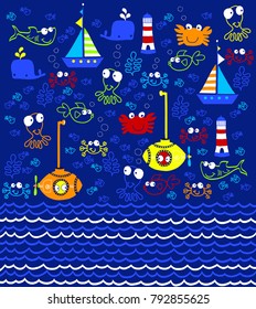 
Vector pattern in the concept of children's drawings. Seamless pattern with ships, fish, sea and waves.