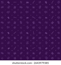 Vector pattern of concert audience hands, visualizer, guitar, festival mask, studio light, sound, magician hat, drum, and shop. for festival theme background design