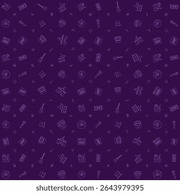 Vector pattern of concert audience hands, tickets, guitar, drum, vinyl, mic, magician hat, festival mask, sound, equalizer, shop, and circus tent. for festival theme background design