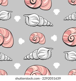 Vector pattern of cone shells and sea snails in cartoon comic style.