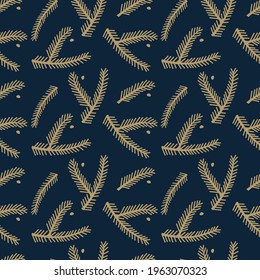Vector pattern coniferous yellow branch on dark blue. Christmas background.