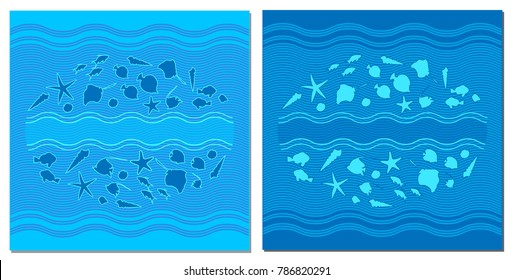 vector pattern consisting of fish, seashells, sea stars.Flat design