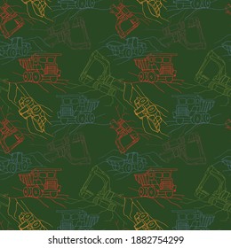 Vector pattern construction machinery loader, excavator, truck on a dark green background. Print for fabric, paper, packaging.