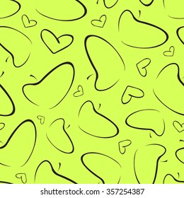 Vector pattern with contour apples and hearts on green-yellow background. Seamless pattern can be used for wallpaper, pattern fills, web page background,surface textures.