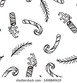 Vector pattern contour drawing of candy canes with stripes, Christmas tree branches and crackers with confetti. Hand drawn isolated on a transparent background.