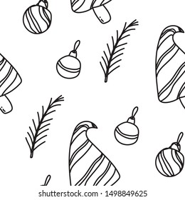 Vector pattern contour drawing of a Christmas tree, twigs and Christmas balls. Hand drawn isolated on a transparent background.