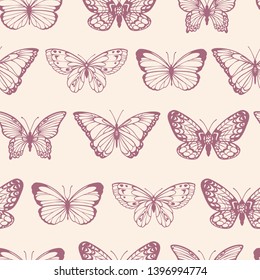 vector pattern of contour stylized beautiful butterflies in pastel colors