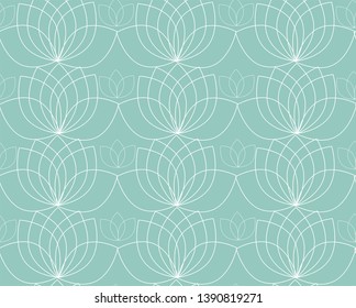 Vector pattern with contour of water lilies or lotos. Soft blue or turquoise color texture, wallpaper, background.