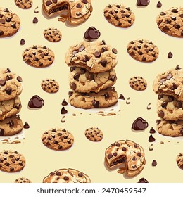 Vector pattern of cookies with chocolate chips. Cookie day. Box, packaging of cookies with chocolate crumbs. 