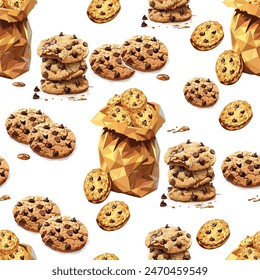 Vector pattern of cookies with chocolate chips. Cookie day. Box, packaging of cookies with chocolate crumbs. 