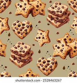 Vector pattern of cookies with chocolate chips. Cookie day. Box, packaging of cookies with chocolate crumbs. 