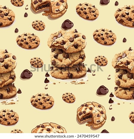Vector pattern of cookies with chocolate chips. Cookie day. Box, packaging of cookies with chocolate crumbs. 