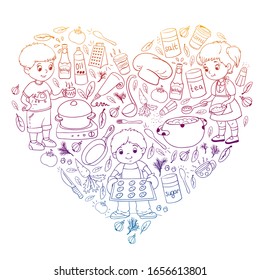 Vector pattern with cooking class for little children. Kids icons. Healthy eating.