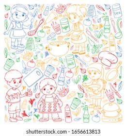 Vector pattern with cooking class for little children. Kids icons. Healthy eating.