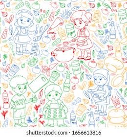 Vector pattern with cooking class for little children. Kids icons. Healthy eating.