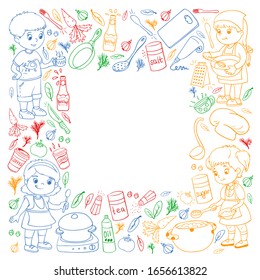 Vector pattern with cooking class for little children. Kids icons. Healthy eating.