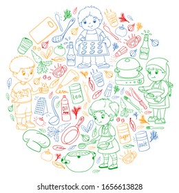 Vector pattern with cooking class for little children. Kids icons. Healthy eating.