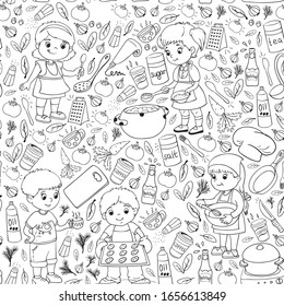 Vector pattern with cooking class for little children. Kids icons. Healthy eating.