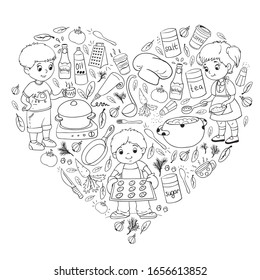 Vector pattern with cooking class for little children. Kids icons. Healthy eating.
