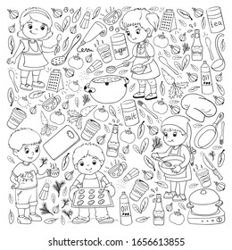 Vector pattern with cooking class for little children. Kids icons. Healthy eating.