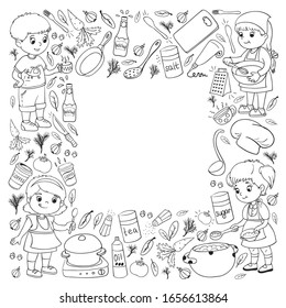 Vector pattern with cooking class for little children. Kids icons. Healthy eating.