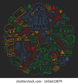 Vector pattern with cooking class for little children. Kids icons. Healthy eating.