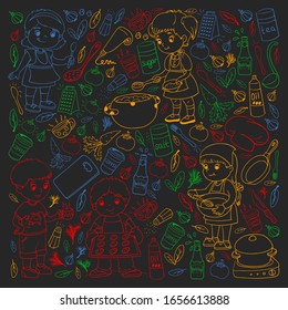 Vector pattern with cooking class for little children. Kids icons. Healthy eating.