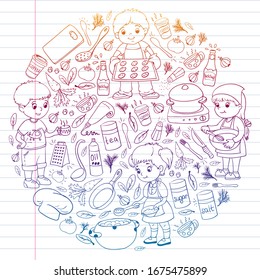 Vector pattern with cooking class for little children. Kids icons. Healthy eating.