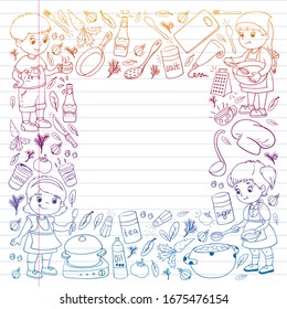 Vector pattern with cooking class for little children. Kids icons. Healthy eating.