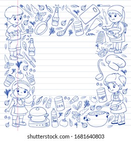 Vector pattern with cooking class for little children. Kids icons. Healthy eating.