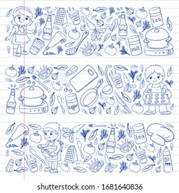 Vector pattern with cooking class for little children. Kids icons. Healthy eating.