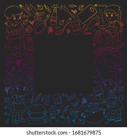 Vector pattern with cooking class for little children. Kids icons. Healthy eating.