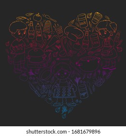 Vector pattern with cooking class for little children. Kids icons. Healthy eating.